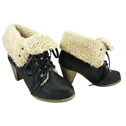 Bottines fourrées à lacets et talon Noir , Achat / Vente Bottines fourrées à lacets Noir