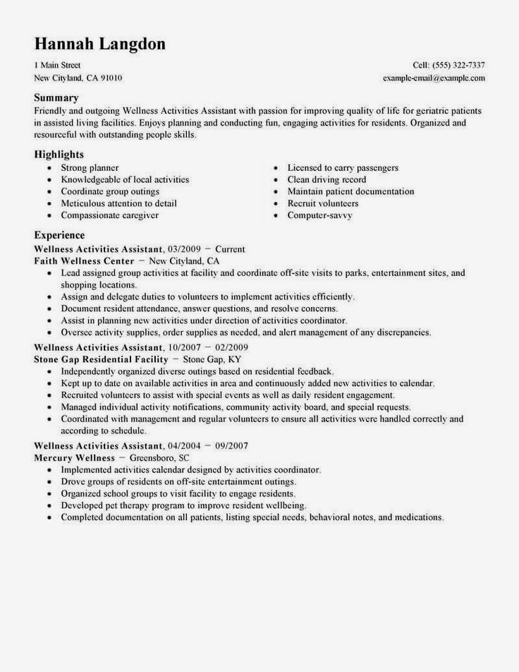 wellness activities assistant resume