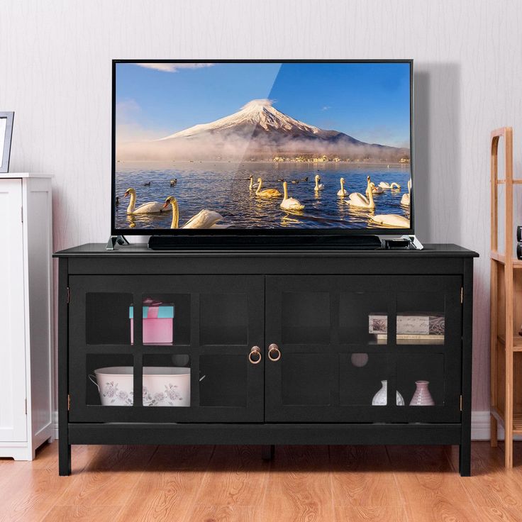 50” TV Stand Modern Wood Storage Console Entertainment Center w/ 2 Doors Black...