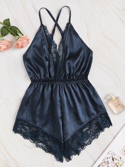 Lace Trim Criss Cross Satin Romper Bodysuit