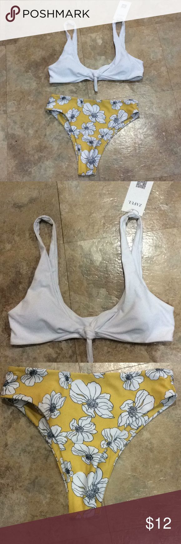 White and yellow floral bathing suit Zaful bikini. Adjustable tie bra top light ...