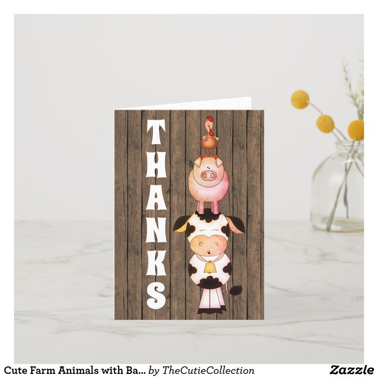 Cute Farm Animals with Barn Wood Background Thanks Thank You Card #thankyou #tha...