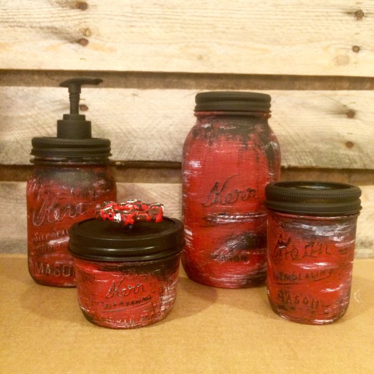 Mason Jar Bathroom Set Rustic Barn Red Jars Desk Office Decor Kitchen Mason Jar Bathroom Set Rustic Barn Red Jars Desk Office Decor Kitchen