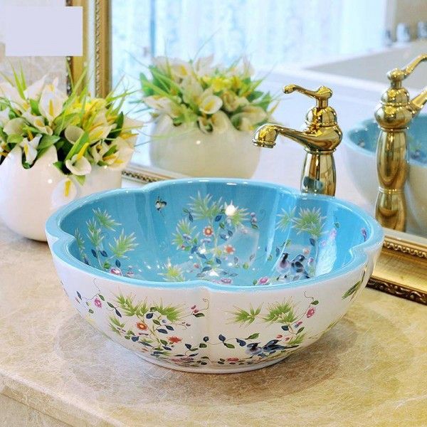 European Style Flower Shaped Art Basin Washbasin Bathroom Sinks Ceramic Wash And Bird Pattern Design Modern Decor Sink - Decorative Ceramic Bathroom Sinks European Style Flower Shaped Art Basin Washbasin Bathroom Sinks Ceramic Wash And Bird Pattern Design Modern Decor Sink - Decorative Ceramic Bathroom Sinks