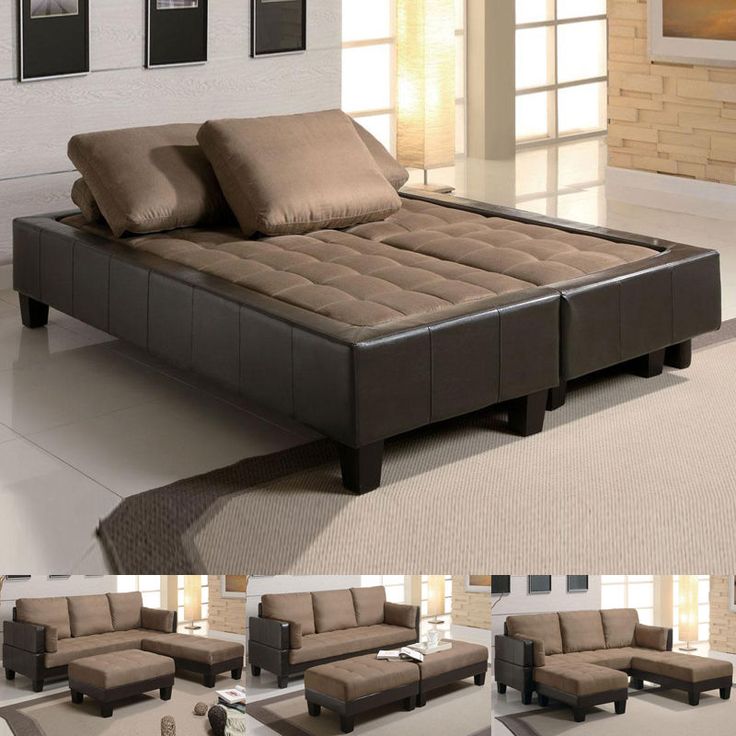 Fulton Tan Microfiber Convertible Sofa Bed Couch Sleeper 2 Ottoman Sectional Set Contemporary Sofas Living Room Furniture Contemporary Sofa Bed Sectional Sofas, Sofa Bed Sectional Sofas