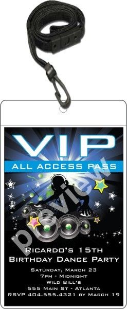Nightclub DJ Dance Party VIP Pass Invitation w Lanyard - Blue Get on the dance floor! This hip DJ VIP pass birthday party invitation is the ultimate way to invite friends and family to your dance party! It's a great VIP party invitation for any age - kids, teens and adults. It's also great for large parties at nightclubs! This epically awesome VIP pass party invitation is available in 4 colors. This large size VIP pass features a 4x6 invitation inserted into a clear vinyl pouch. A black lanya…