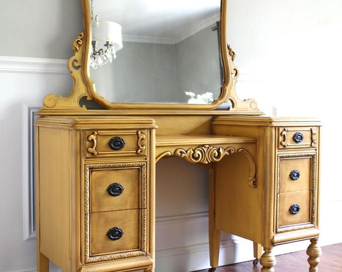 Custom Order For Karen Antique Jacobean French Country Design Ornate Hand Painted Mustard Yellow Vanity Ing Antiques Hand Painted Mustard Yellow Vanity, Old World Makeup Vanity