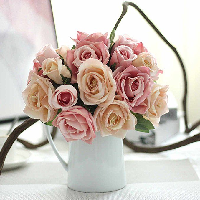 Pink Champagne Artificial Flowers Fake Flowers Silk Plastic Artificial Roses 9 Heads Bridal Wedding Bouquet for Home Garden Party Wedding Decoration