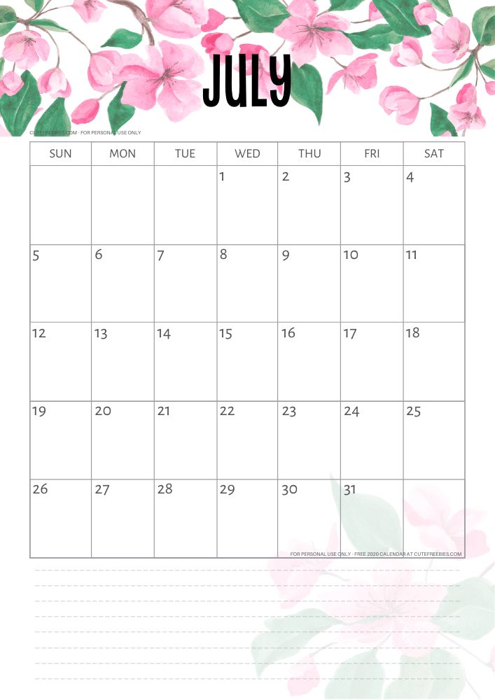 July 2020 Calendar Printable PDF Cute Freebies For You in 2020 July 2020 Calendar Printable PDF Cute Freebies For You in 2020