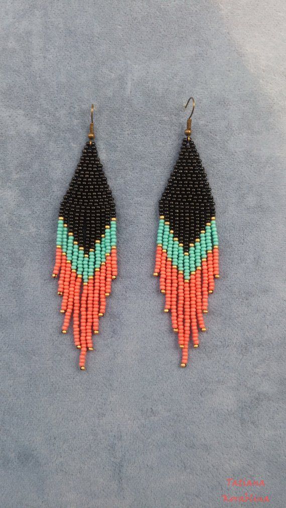 peach pink and grey color seed beads Long Beaded Boho Earrings Native American Style Beaded Earrings