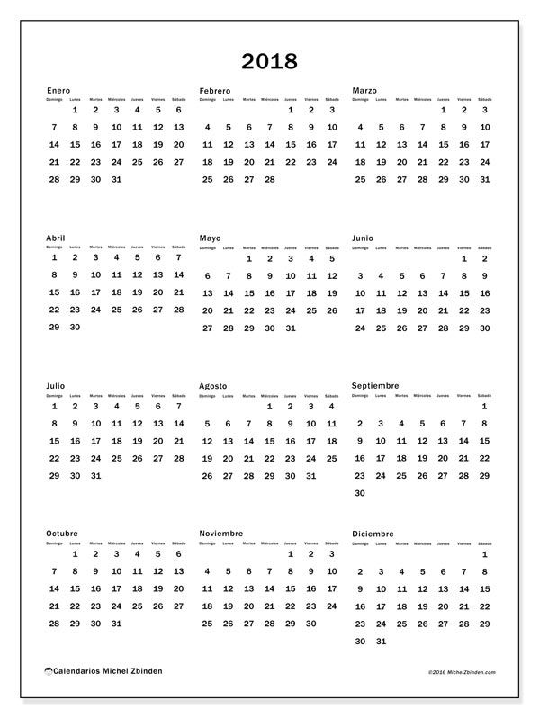 calendario 2018 para imprimir por meses