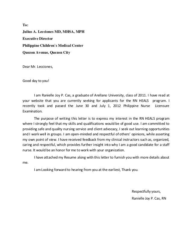 nurse application letter sample philippines