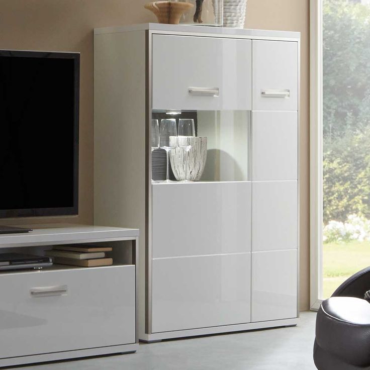 Highboard in Weiß Hochglanz Glas LED Beleuchtung Jetzt bestellen unter: moebel....