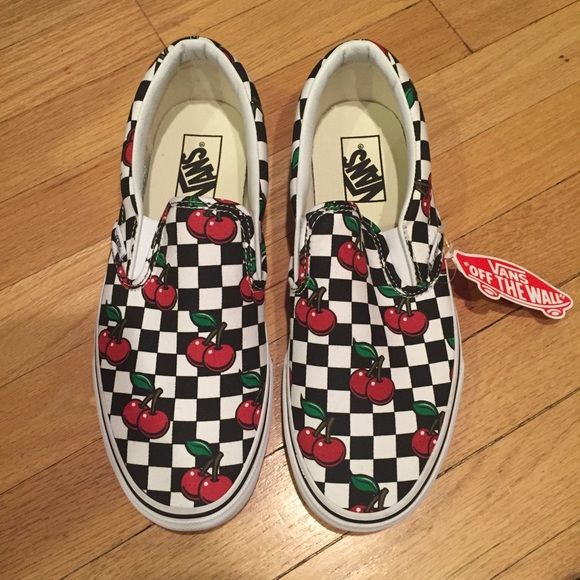checkerboard slip on vans with cherries checkerboard slip on vans with cherries