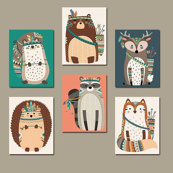 Tribal Animal Nursery Art Woodland Wall Canvas с Woodland Tribal Wall Art Canvas