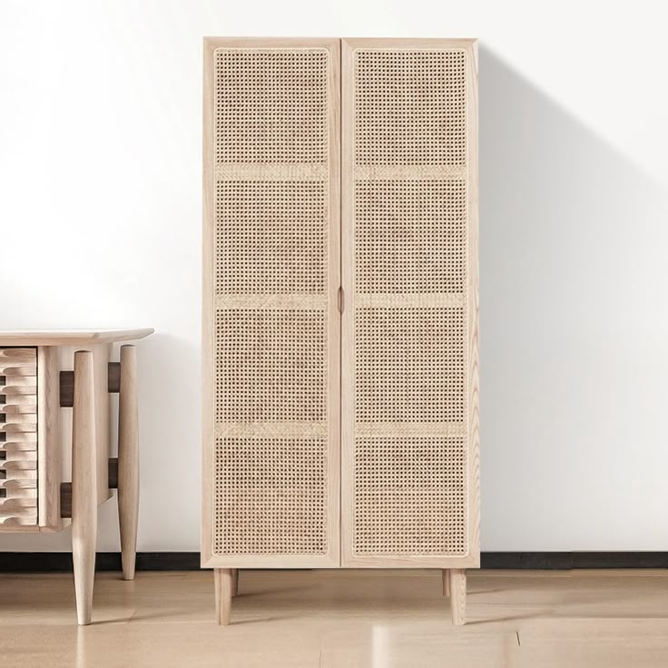 Cottage 2 Door Rattan Closet with Hidden Drawer Natural Woven