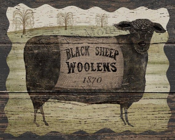 Folk Art Primitive Black Sheep Woolens On 8x10 Canvas