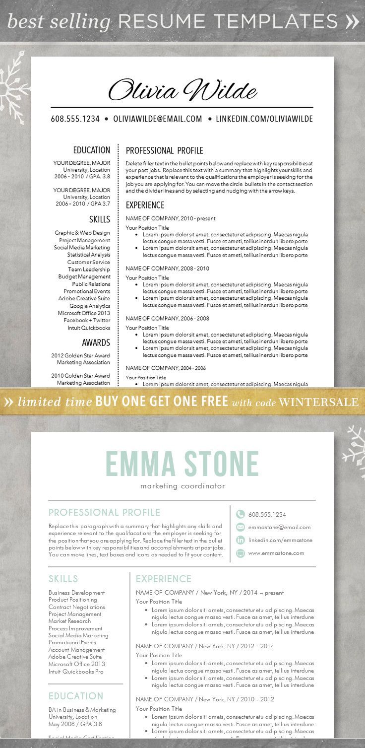 Resume template - CV template for Word. Creative, customizable, free cover letter. Professional and unique! Teacher. The Olivia, The Emma.