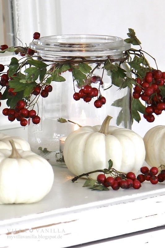 Thanksgiving White Pumpkin Decor with cranberries--start w/ orange pumpkins for ...