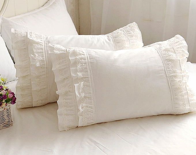 Pair of Chic Arts Idyllic Cottage 100 Pillow with stripes, floral, lace and