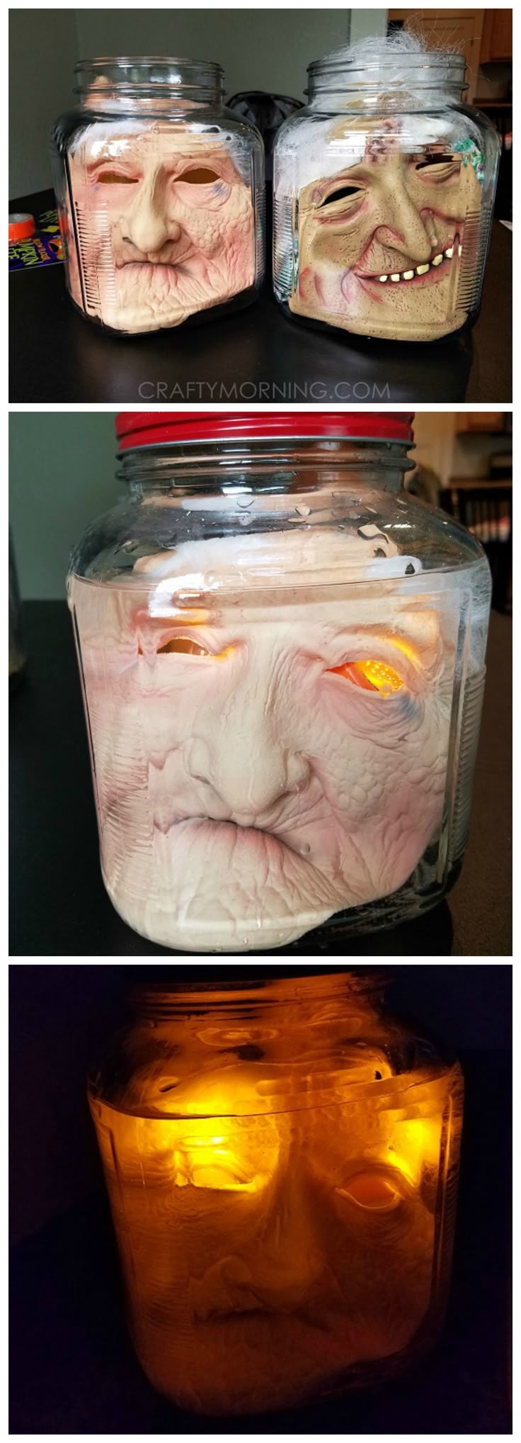 How to make creepy heads in jars using masks! Such a fun halloween decoration to...