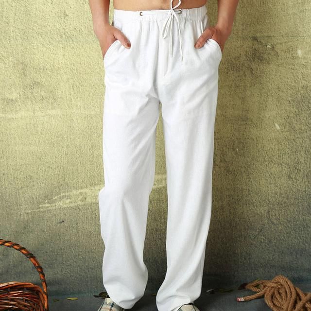 Men Straight pants Linen summer elastic waist long trousers casual Chinese style