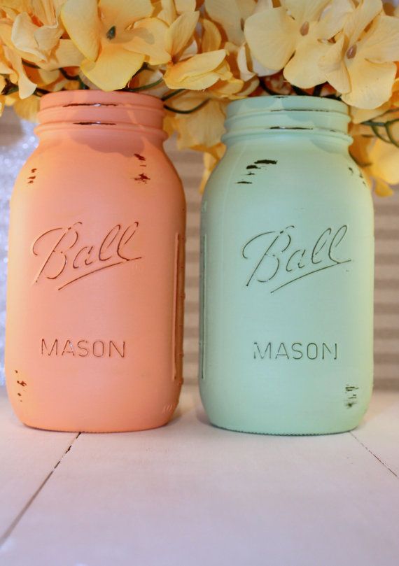 346 Best Bridal Shower Images On Pinterest Single Men Painted Mason Jars Peach And Mint Green By Toocutewreath 14 00