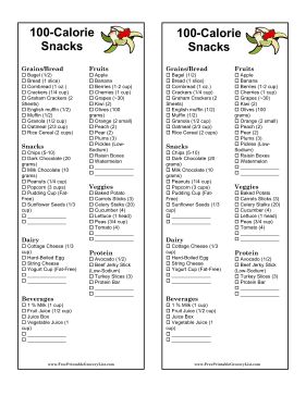 Printable 100-Calorie Snack List | 100 calorie snacks, No calorie