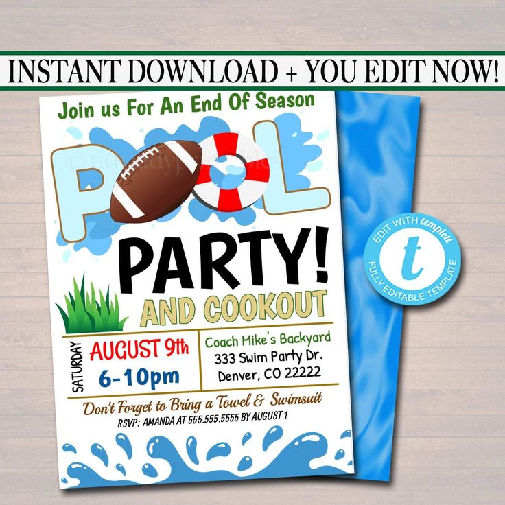 Digital instant download Templett Printable template Birthday Invitation Editable Football Pool Party End of season team swim invite Digital instant download Templett Printable template Birthday Invitation Editable Football Pool Party End of season team swim invite