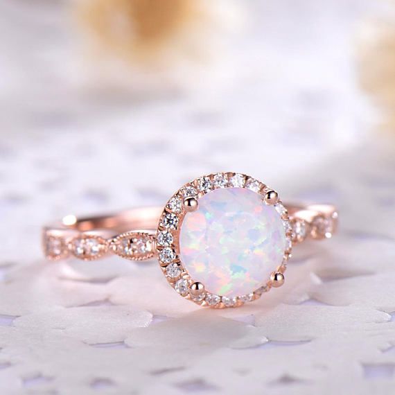 Opal Engagement Ring Halo 14k 18k Rose Gold 925 Sterling Silver CZ Diamond Marquise Milgrain Wedding Band Antique Anniversary Gift Women Set