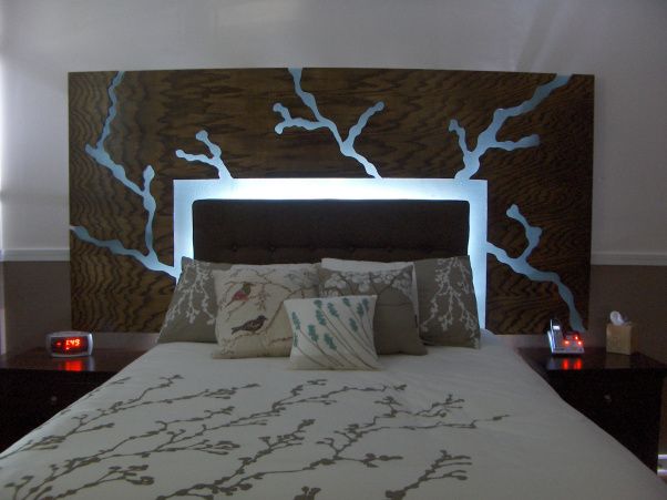 Lighted Floating Headboard Made With Plexiglass And Wood. The Lighted floating headboard made with plexiglass and wood. The design appears to be cut out of plywood that has been stained and was inspired from t… - Lighted Floating Headboard Made With Plexiglass And Wood. The