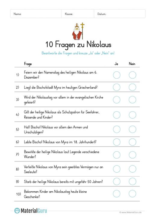 Arbeitsblatt: 10 Fragen zum Nikolaus | Grundschule, Lernen tipps schule
