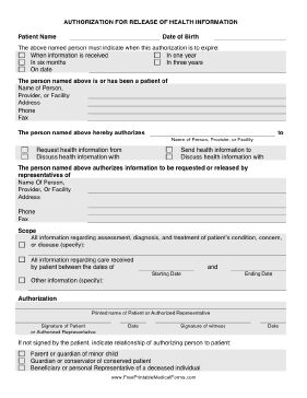 A patient can consent to the release of health information with this Health Information Release Authorization Form. Free to download and pri...