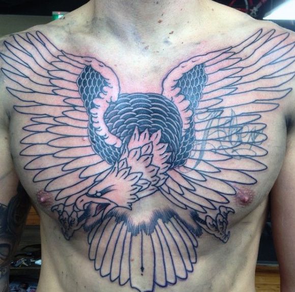Amazing Black Eagle With Banner Tattoo On Man Chest Tatuajes Color Negra Aguila