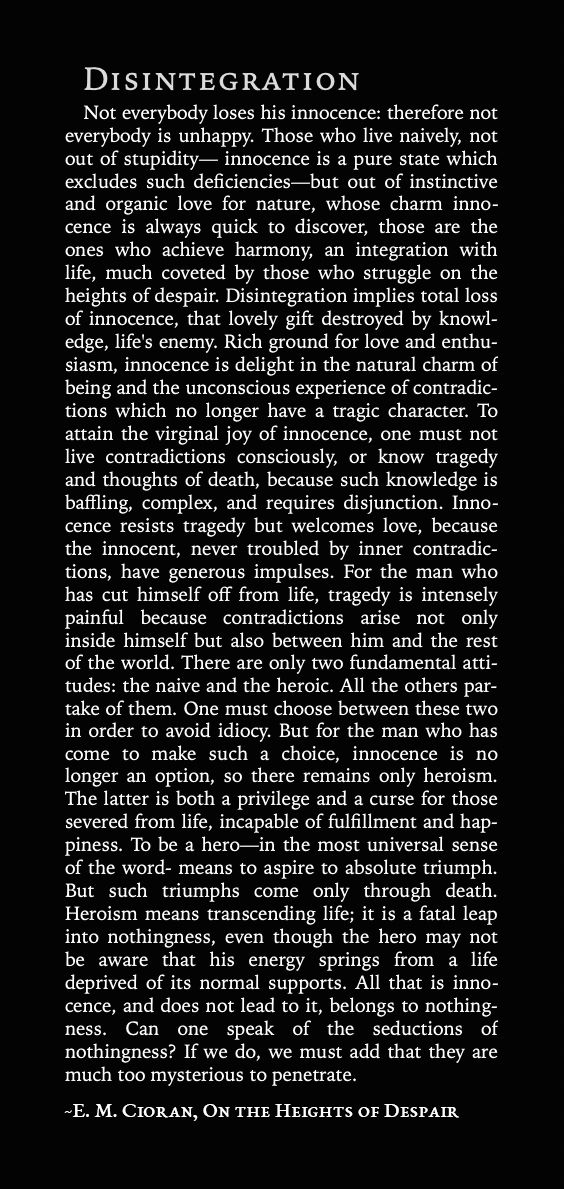 Uk Business Plan Writers Disintegration Emil Cioran On The Heights Of Despair Essay Innocence Heroism Thesis For Argumentative Essay Examples also Harvard Business School Essay Disintegration Emil Cioran On The Heights Of Despair Essay Essay About Science