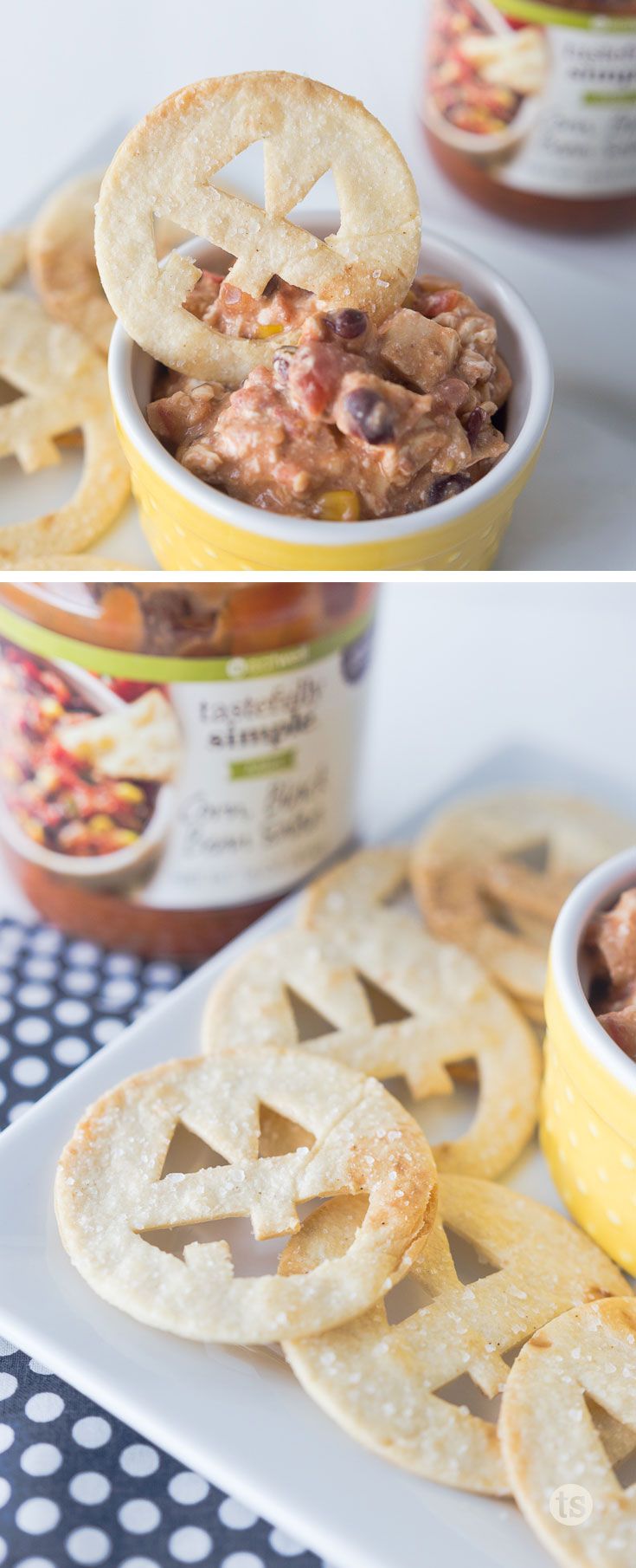 jack o lantern tortilla chips salsa dip by made to be a momma halloween foodshalloween