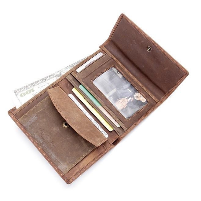 Men Crazy Horse Leather Trifold Credit Card Wallet With Button Coin Pocket