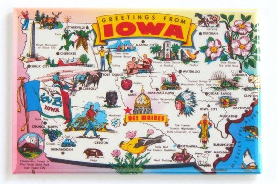Greetings From Iowa Map Fridge Magnet Illustrated Map Iowa