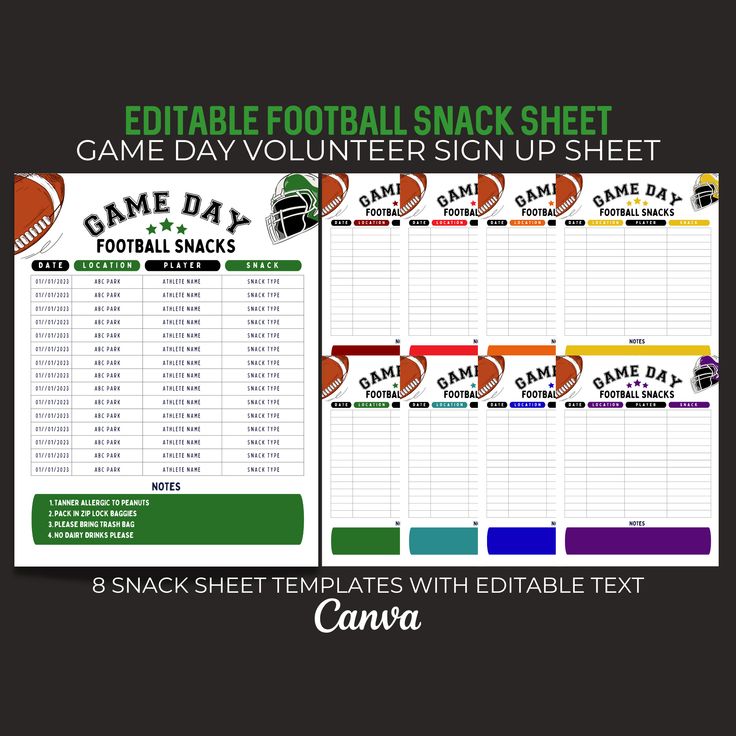 Editable Football Snack Sign up Sheet Game Day Schedule Template Editable Football Snack Sign up Sheet Game Day Schedule Template