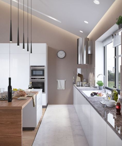 Taupe Wandfarbe, abgehängte Decke mit indirekter Beleuchtung als Effekt