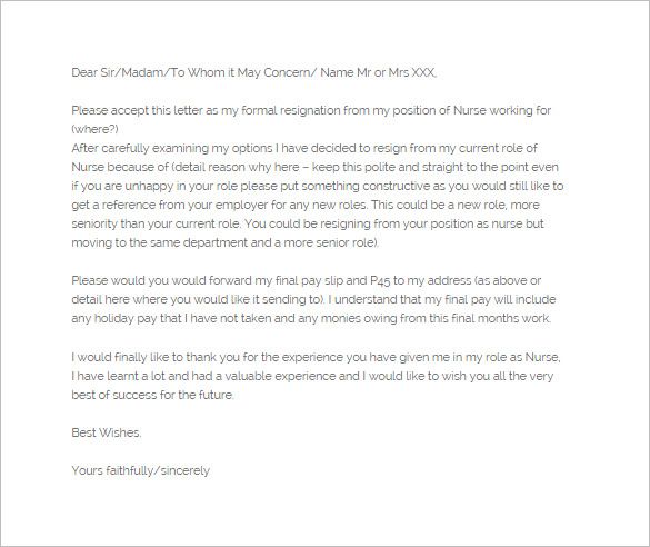 8+ Nursing Resignation Letter Templates - Free Sample, Example, Format Download! | Free & Premium Templates