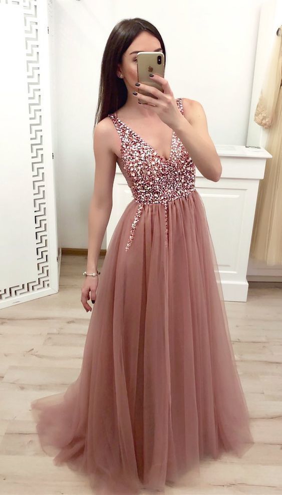 Incredibly DUSTY ROSE TULLE BEADED LONG PROM DRESS WITH LACE UP BACK by MeetBeauty, $148.33…