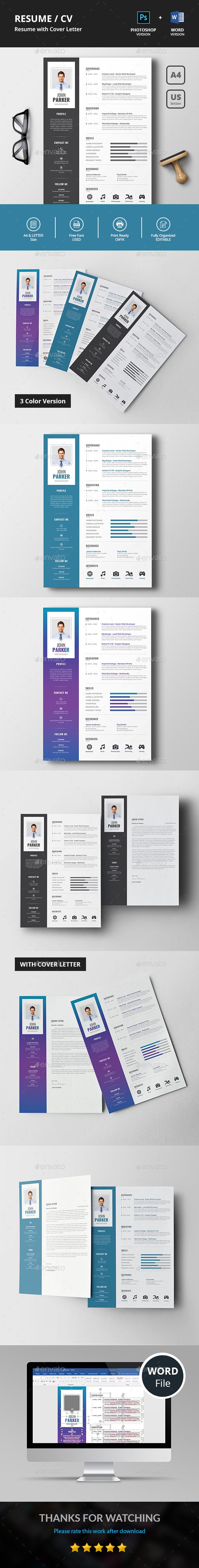 Resume/CV This is a simple clean resume template focusing Name,Experience,Education and Skills which includes Resume & Cover Letter.International A4 & US Letter sizes included. Very Easy to edit your information such as typography, wording, colors and layout.this template created with strong baseline.