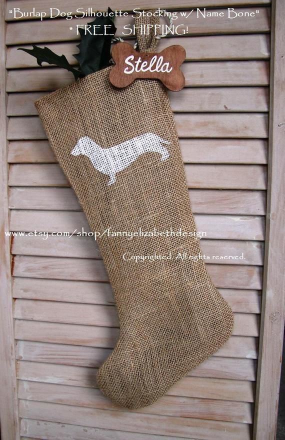 Personalized Glitter Name Dachshund Burlap Christmas Stocking