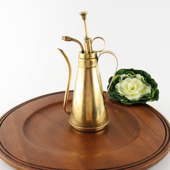 Mid-Century Vintage Brass and Copper Mid-Century Watering Can w Dimpled Handle