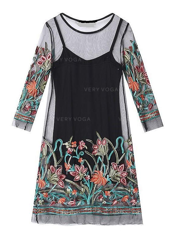Embroidery/Floral 3/4 Sleeves Shift Above Knee Casual Dresses