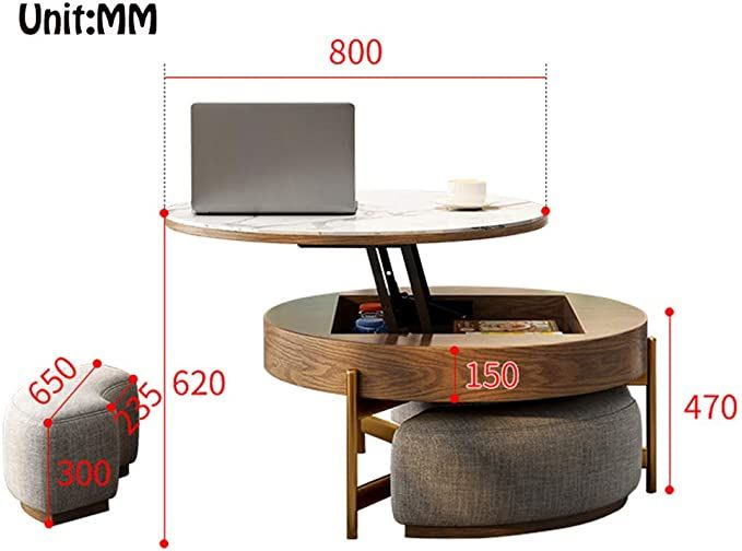 Com Creative Round Coffee Table And Liftable Desk Tempered Glass Top With 3 Combined Sto - Creative Round Coffee Table And Liftable Desk