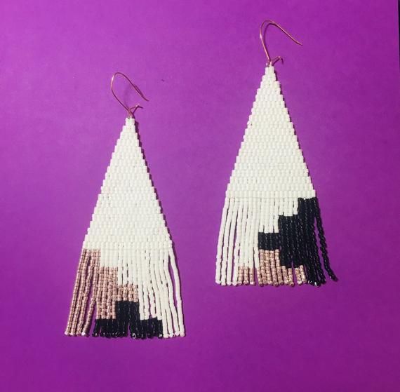 pink white and black hand beaded fringed earrings