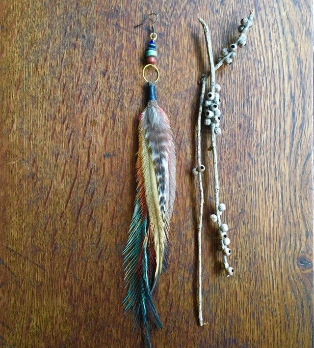 Gift Boho feathers Earrings Blue Leather Feather Earrings Long leather feathers earrings Boho Leather Jewelry Boho Festival earrings