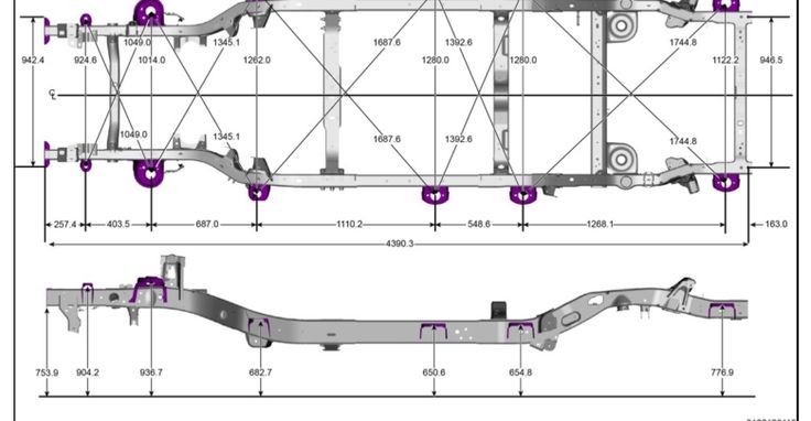 the front and rear view of a car with parts labeled in purple on each side